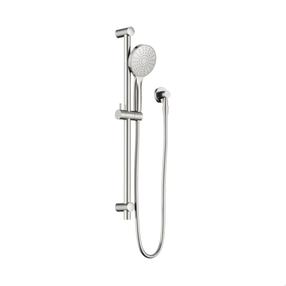 Chrome shower head with handheld shower.