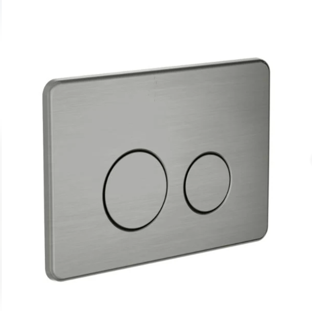 A modern two-button flush plate with a brushed stainless steel finish, shown at a three-quarter angle on a plain white background.