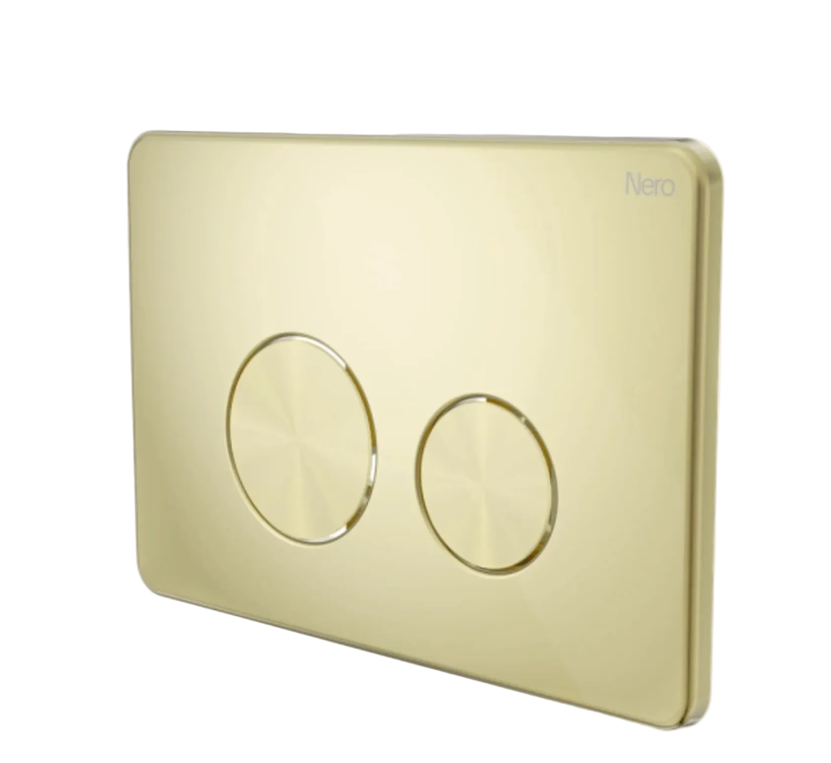 A modern two-button wall Flush plate in a brushed gold finish, featuring a subtle rectangular design with rounded corners and two circular button depressions. The brand name 'Nero' is printed in a small, light gray font in the upper right corner of the plate.