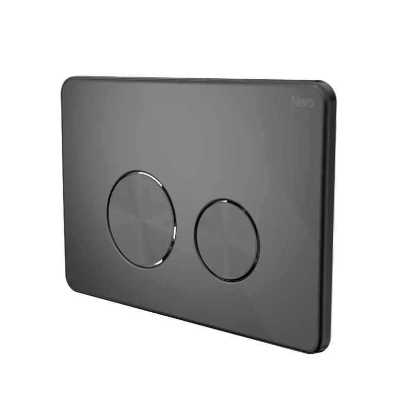 A modern wall-mounted two-button flush plate in a gunmetal finish, featuring two circular touch-sensitive buttons, with The brand name 'Nero' is subtly printed in the top right corner of the plate.