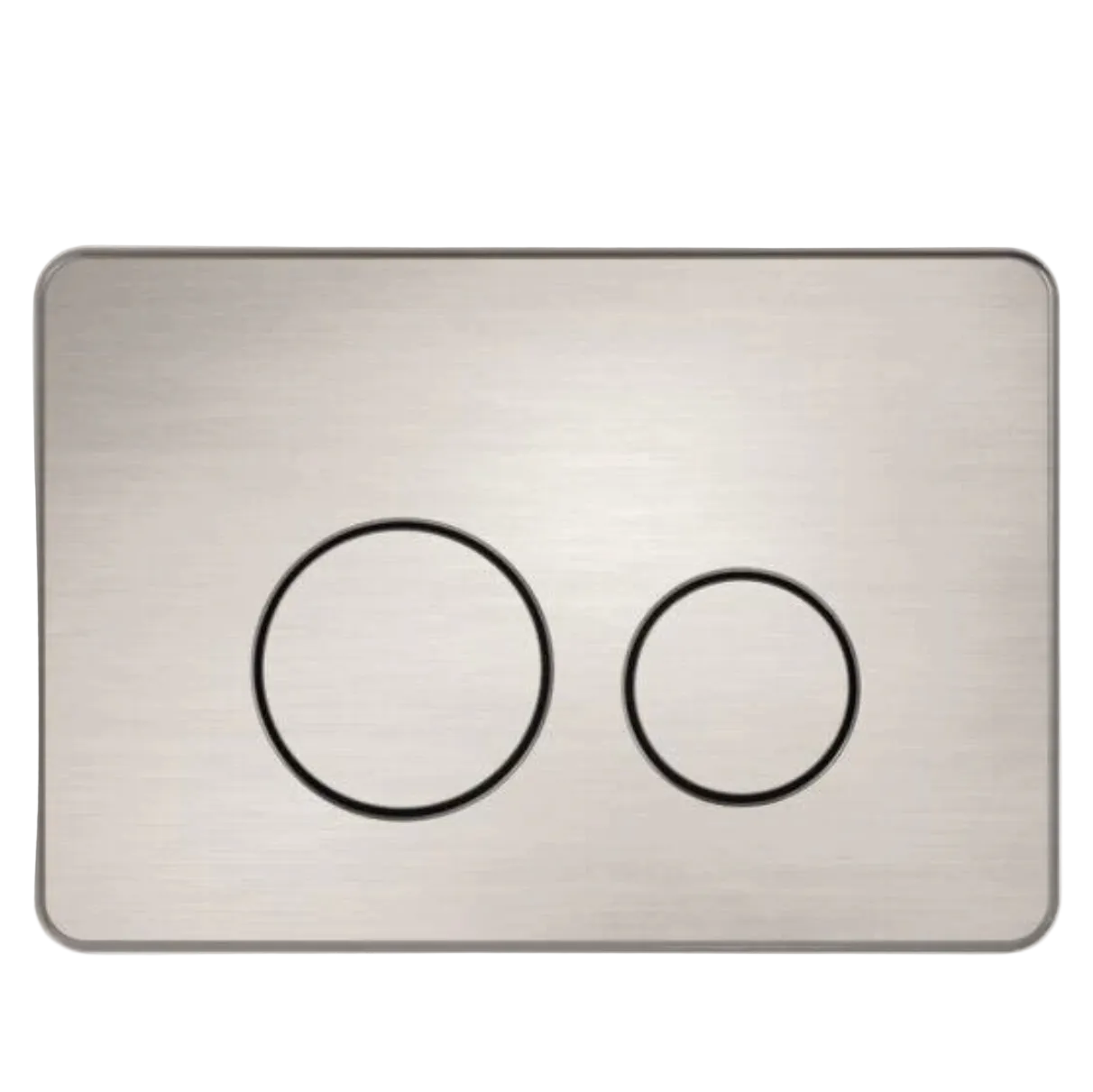 A rectangular brushed metal wall plate with rounded corners and two circular push buttons .