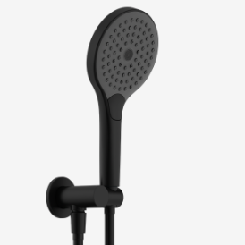 Black handheld shower head on a bracket