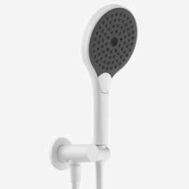 White shower head with black raindrop design on a whitewater inlet bracket