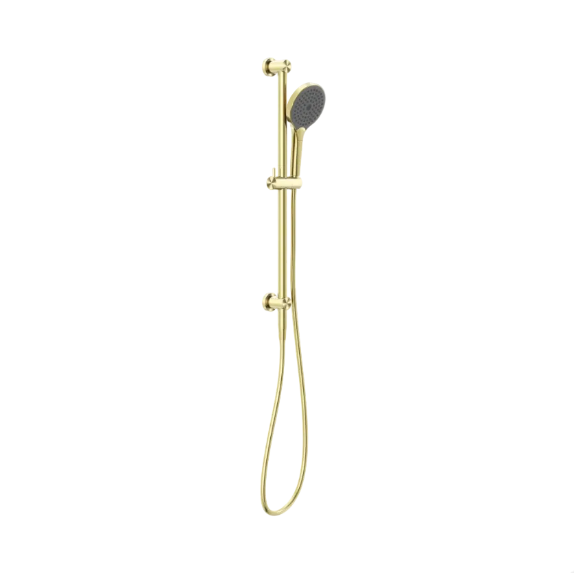 Brushed gold shower head and hose on a rail