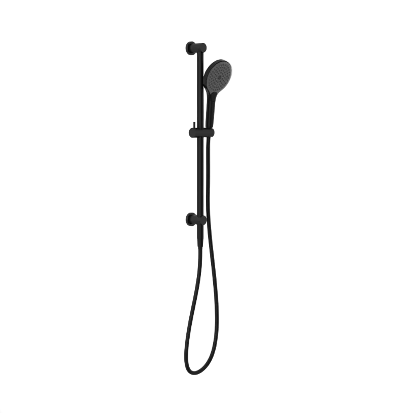 Black shower head with hose on rail