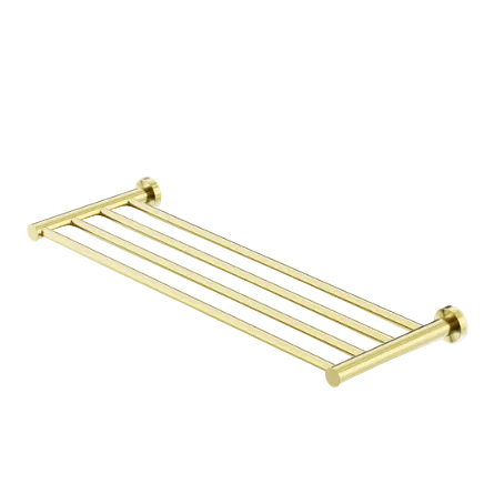 A gold metal towel storage rack with four horizontal bars and wall mounts on each end.