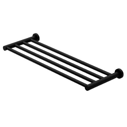 A matte black metal towel bar with four parallel horizontal bars and round wall mounts on each end.