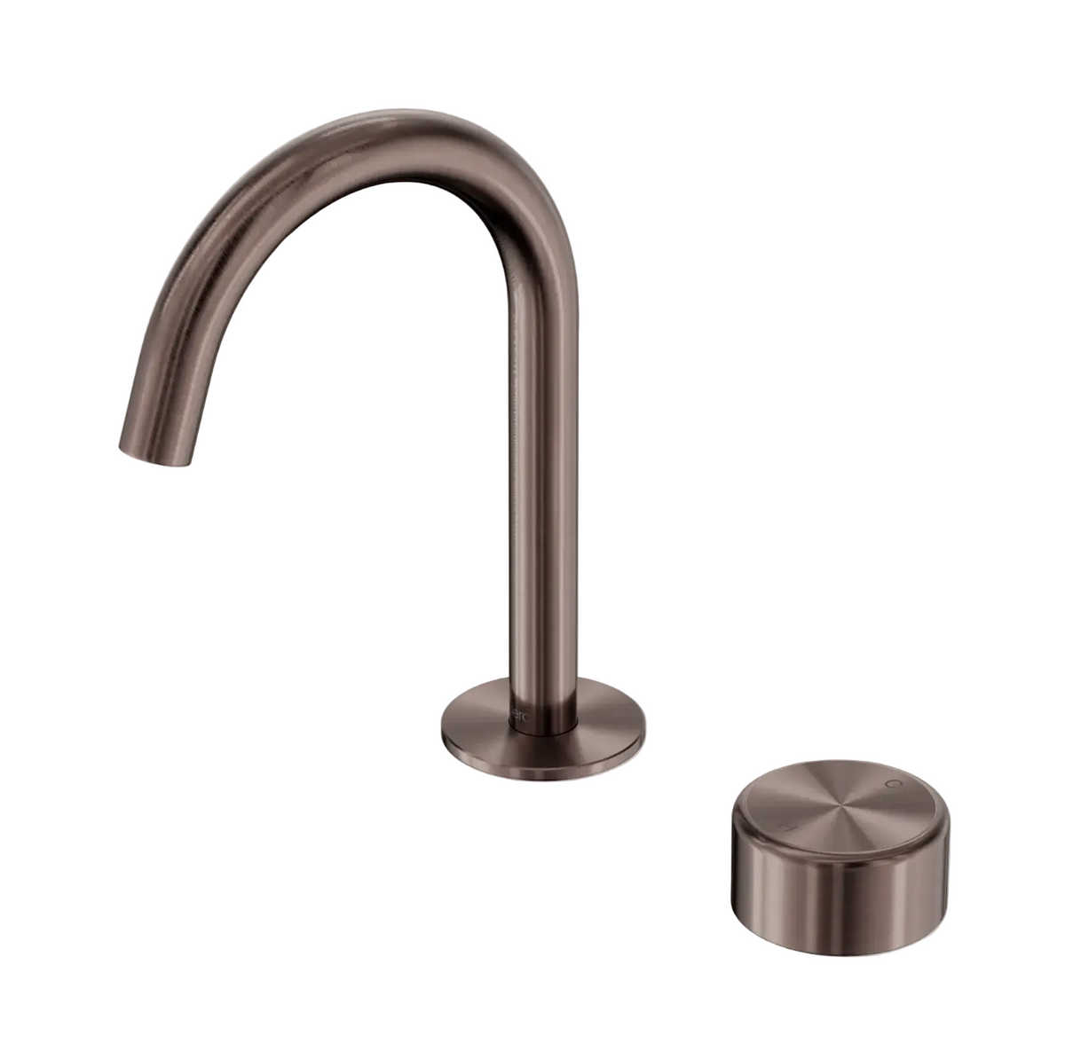 A brushed bronze basin tap set with a single round mixer handle and a swivel spout, designed for use in a bench or basin setting.