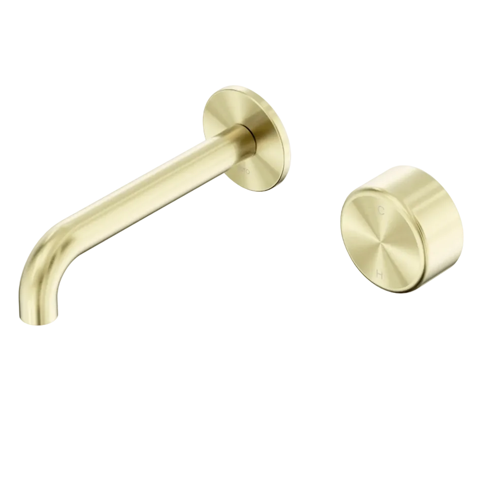 A brushed brass wall-mounted basin spout and matching progressive           round control water mixer .