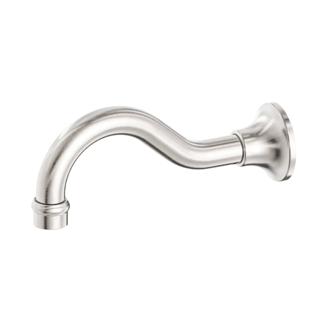 A curved brushed nickel shower arm with a wall-mount flange.
