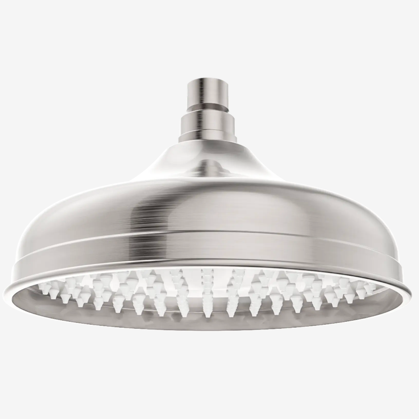 Brushed Nickel  shower head with white plastic nozzles.