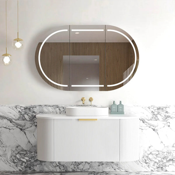 1200mm Fluted Satin White Curve Wall Hung Vanity with Soft Close Draws and Optional colour Handles 