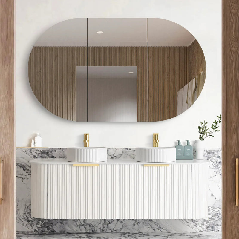 1500mm Double Basin Fluted Satin White Curve Wall Hung Vanity with Soft Close Draws and Optional colour Handles 
