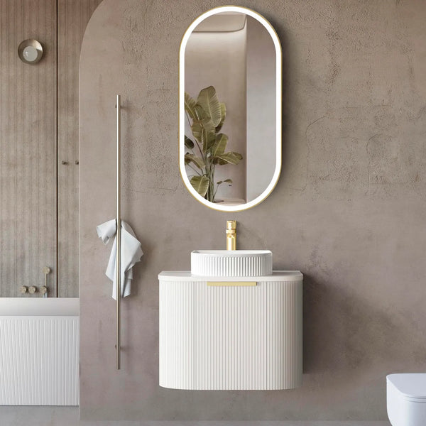 600mm Fluted Satin White Curve Wall Hung Vanity with Soft Close Draws and Optional colour Handles 