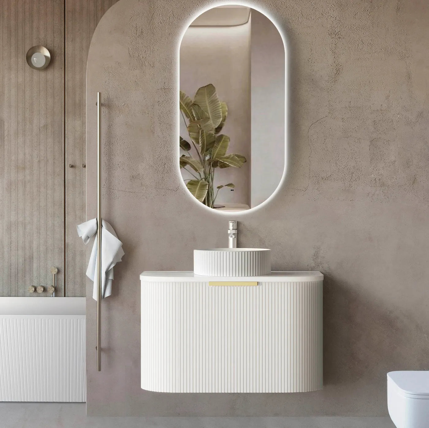 750mm Fluted Satin White Curve Wall Hung Vanity with Soft Close Draws and Optional colour Handles 