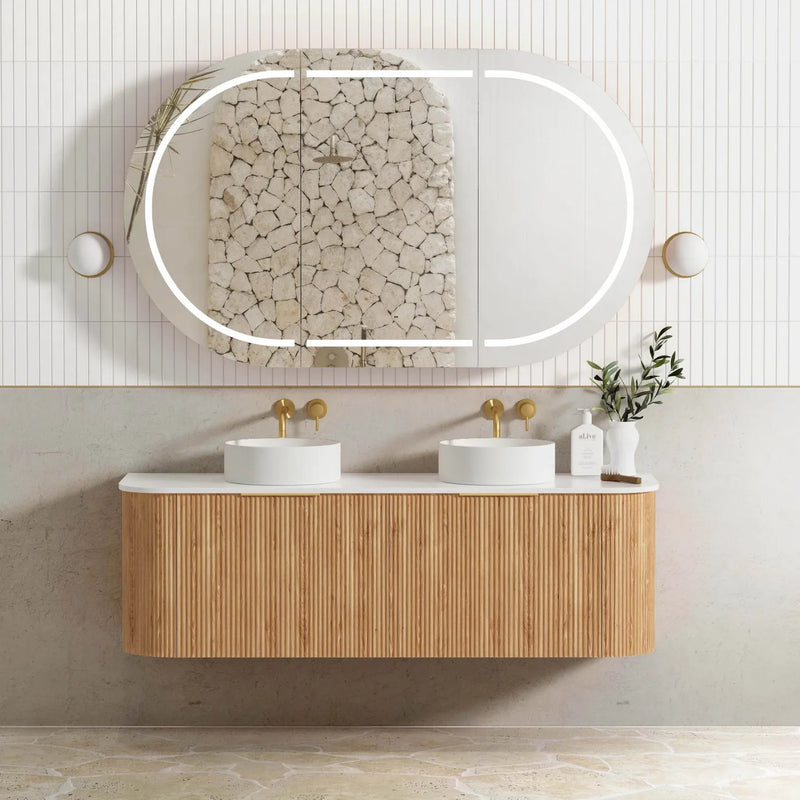 1500mm Double Basin Fluted Satin Woodland Oak Curve Wall Hung Vanity with Soft Close Draws and Optional colour Handles 