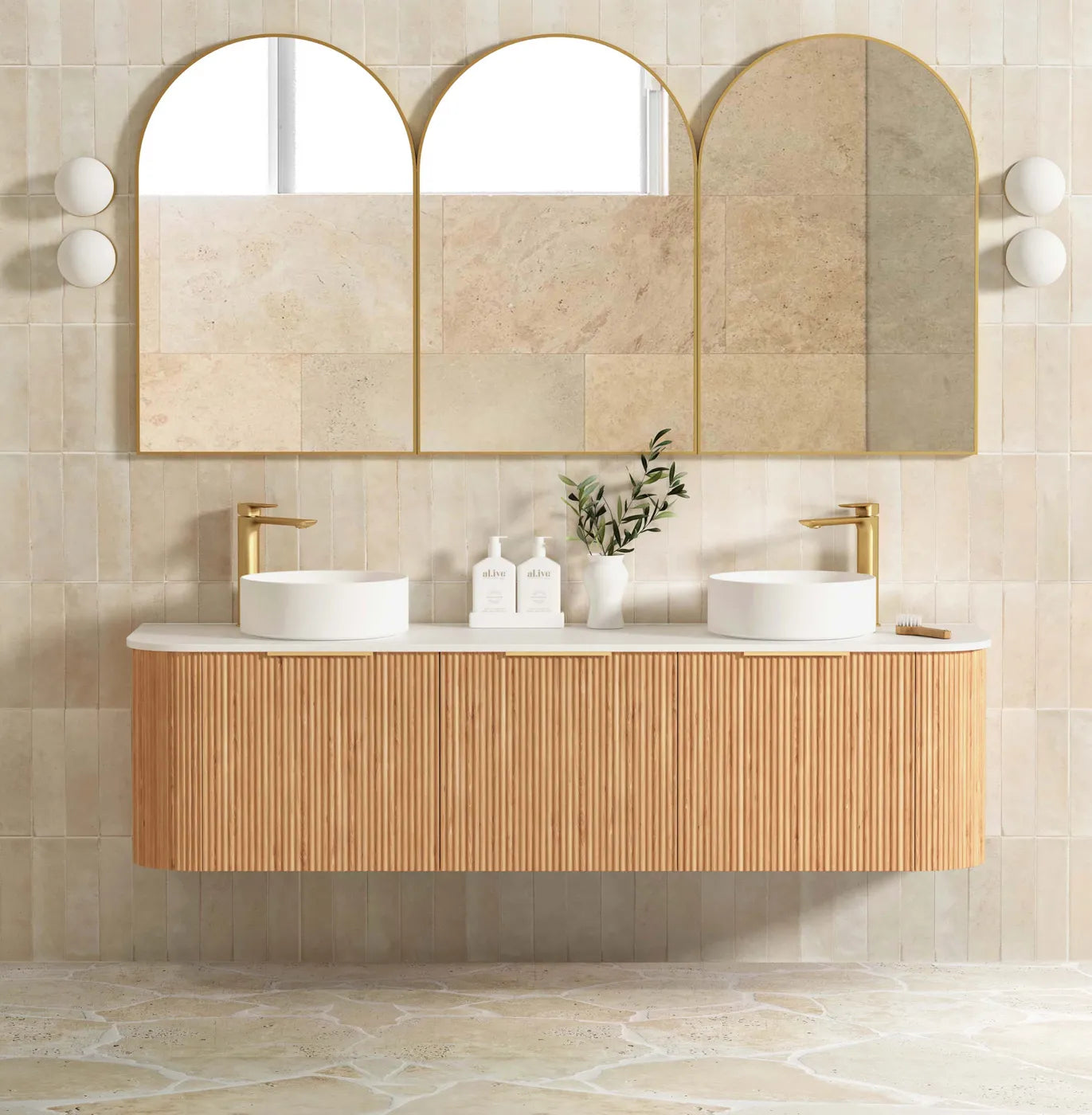 1800mm Double Basin Fluted Woodland Oak Curve Wall Hung Vanity with Soft Close Draws and Optional colour Handles 