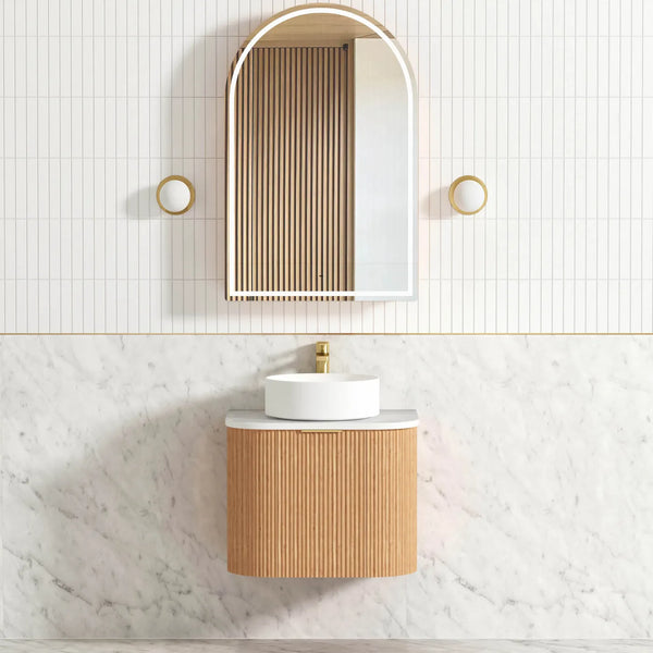 600mm Fluted Woodland Oak Curve Wall Hung Vanity with Soft Close Draws and Optional colour Handles 