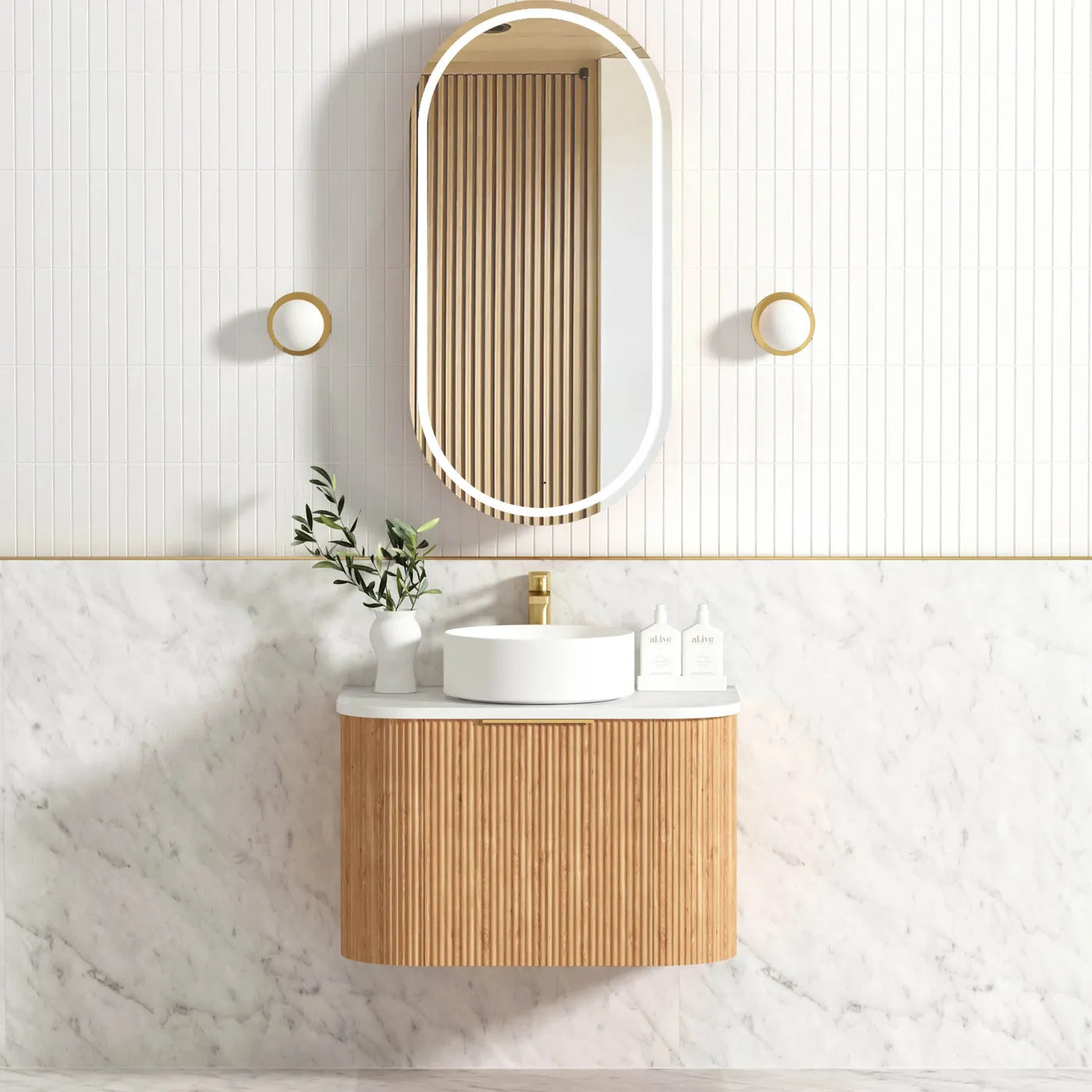 750mm Fluted Woodland Oak Curve Wall Hung Vanity with Soft Close Draws and Optional colour Handles 