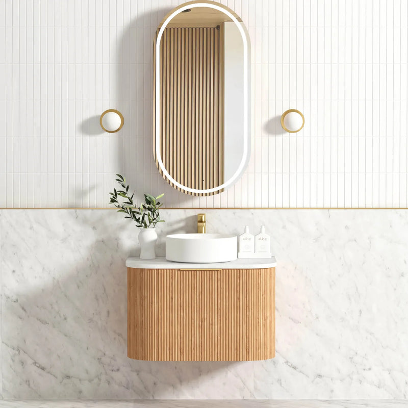 750mm Fluted Woodland Oak Curve Wall Hung Vanity with Soft Close Draws and Optional colour Handles 