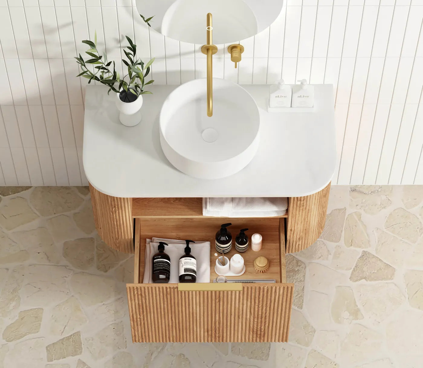 900mm Fluted Woodland Oak Curve Wall Hung Vanity with Soft Close Draws and Optional colour Handles 