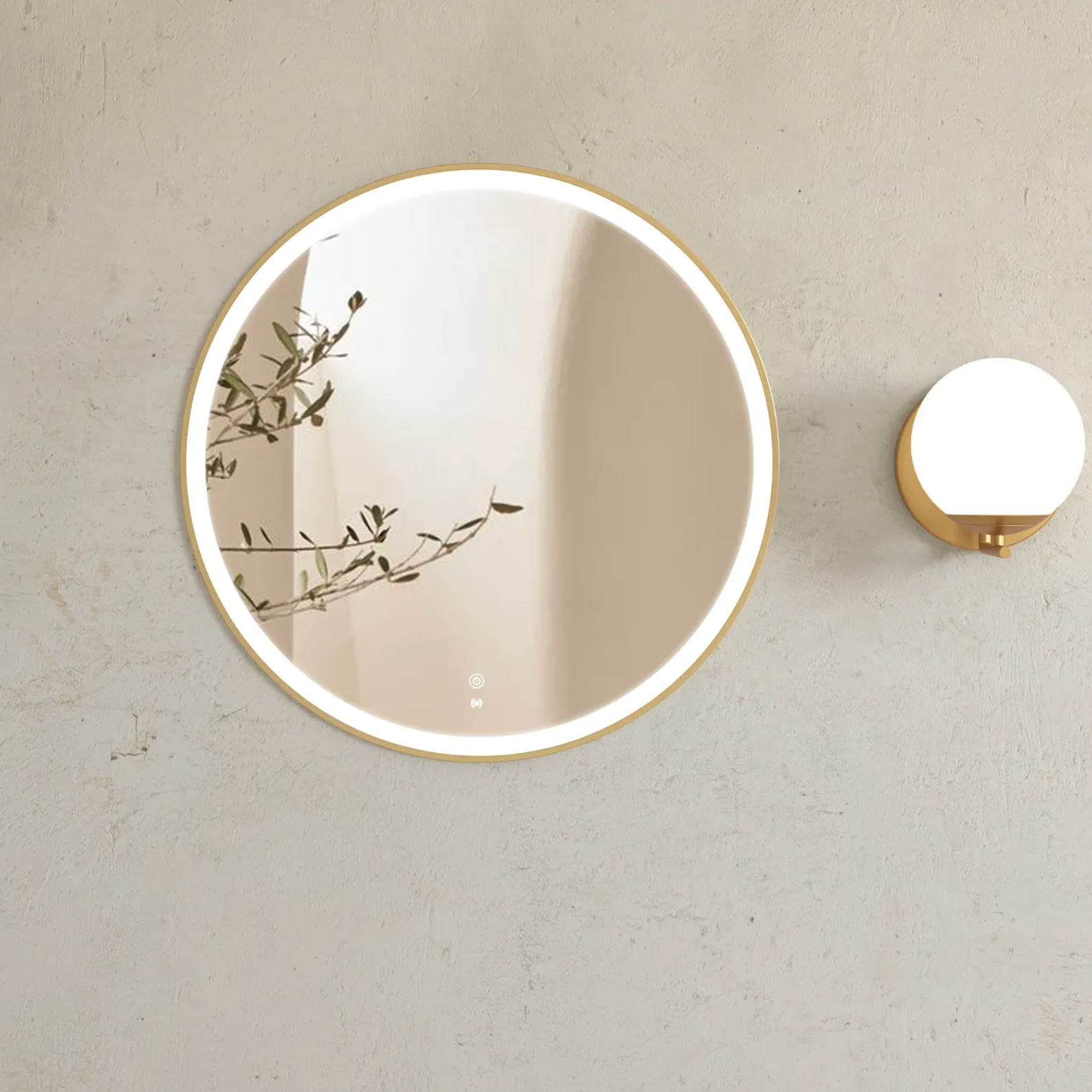 anti fog touch sensor Brushed brass LED round bathroom mirror