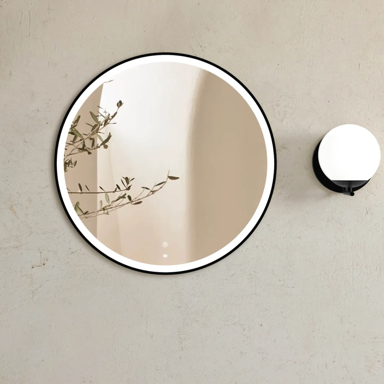 Anti fog touch sensor round matte black LED framed mirror 