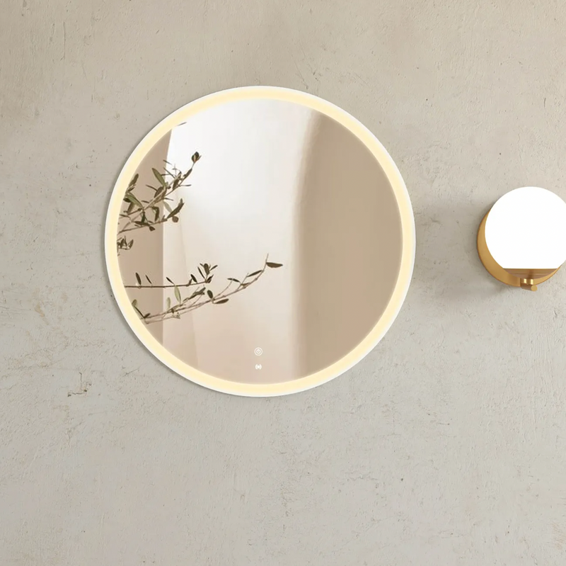 Anti fog touch sensor LED matte white metal frame round bathroom vanity mirror