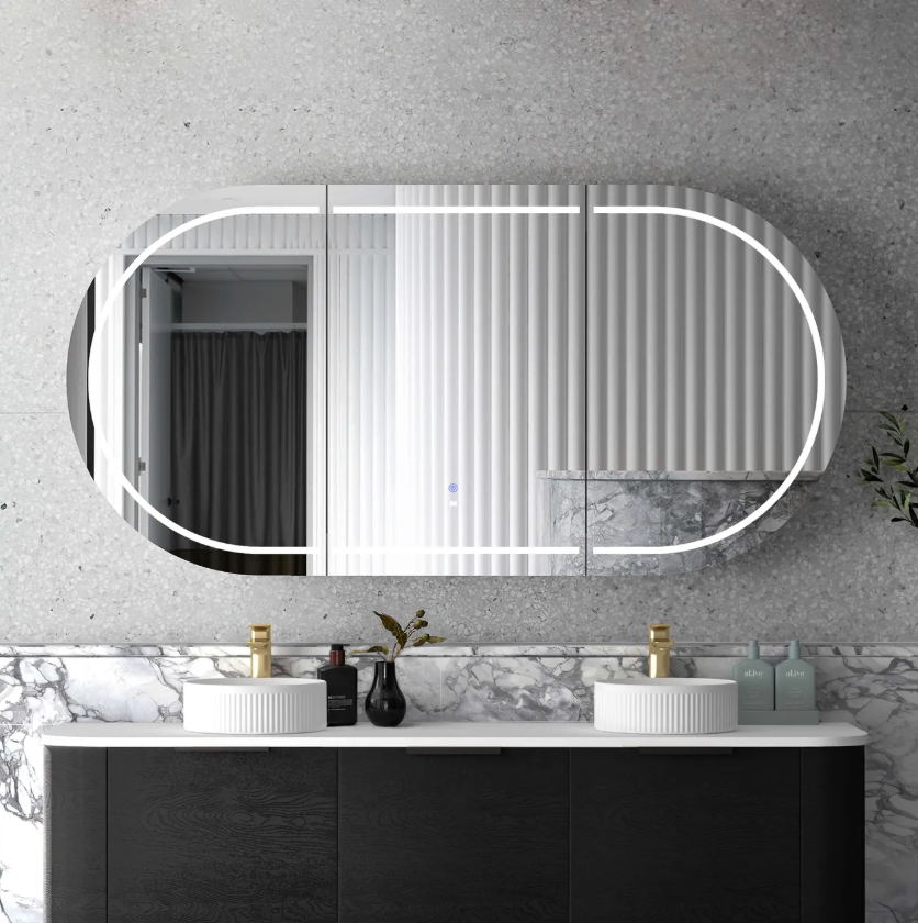 LED 180mm black oval mirror shaving cabinet 