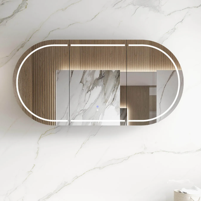 Modern bathroom mirror with wooden frame and LED lighting.