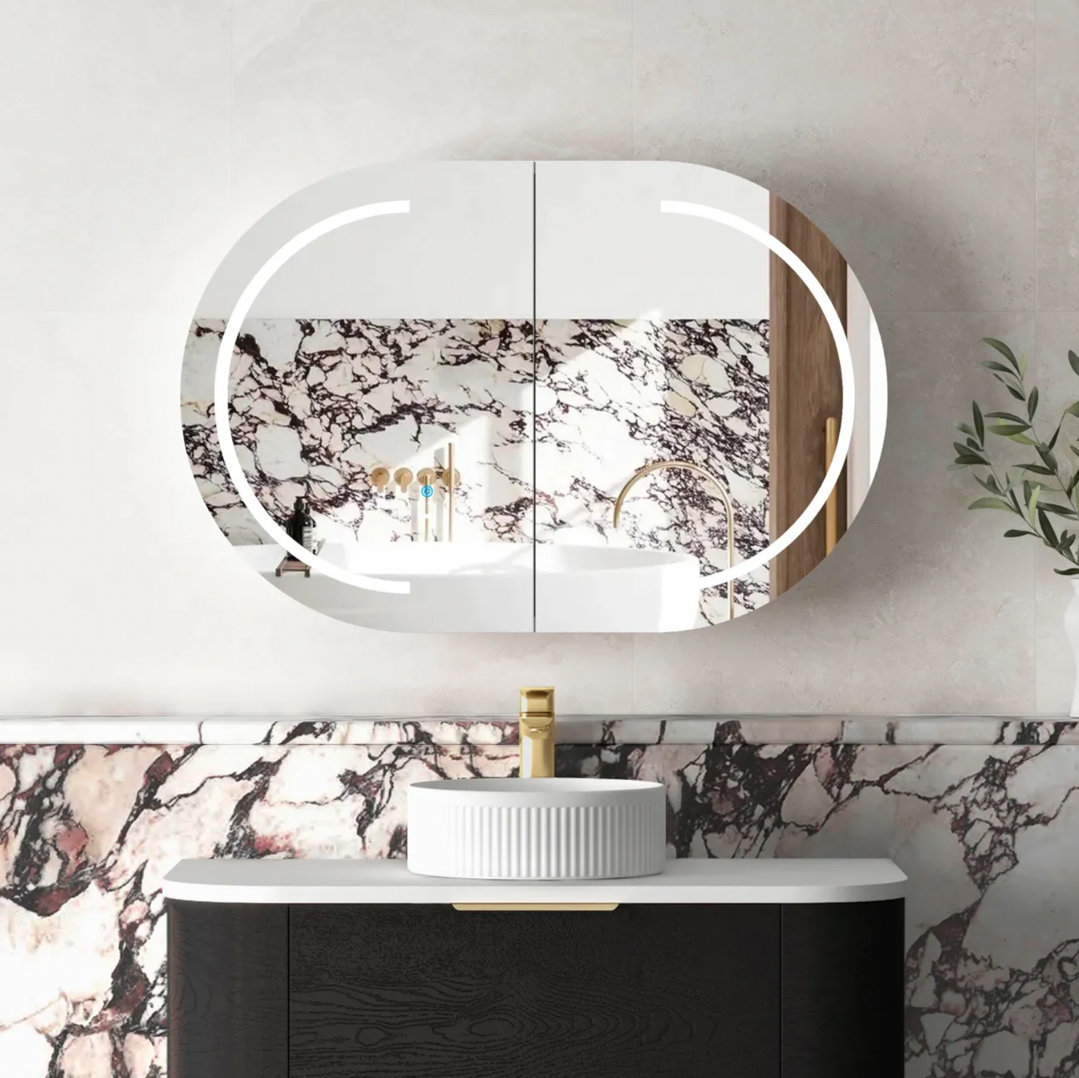 LED matte black oval bathroom shaving cabinet 