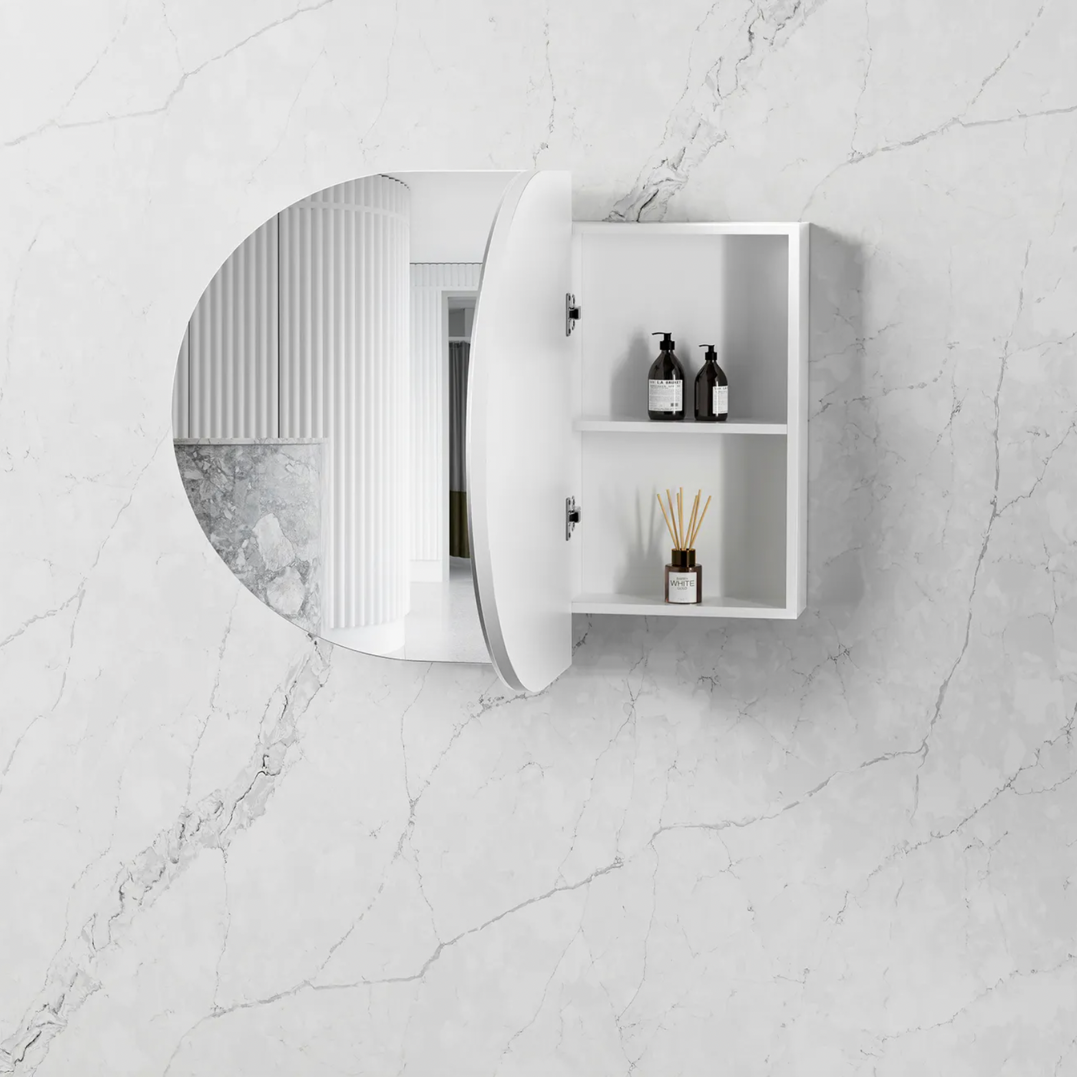 Matte white oval bathroom shaving cabinet