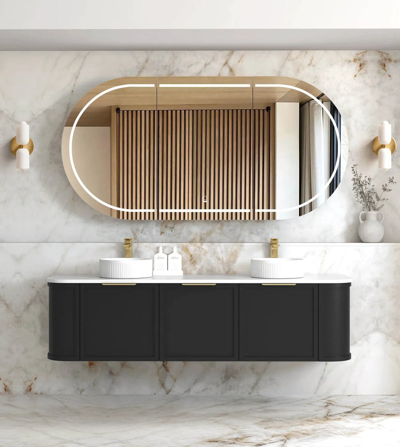 1800mm Satin Black Double Basin Wall Hung Curve Vanity, Soft Close Doors and Drawers with optional colour Handles 
