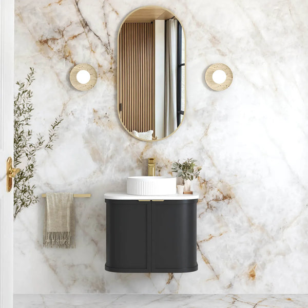 6000mm Satin Black Wall Hung Curve Vanity, Soft Close Doors and Drawers with optional colour Handles 