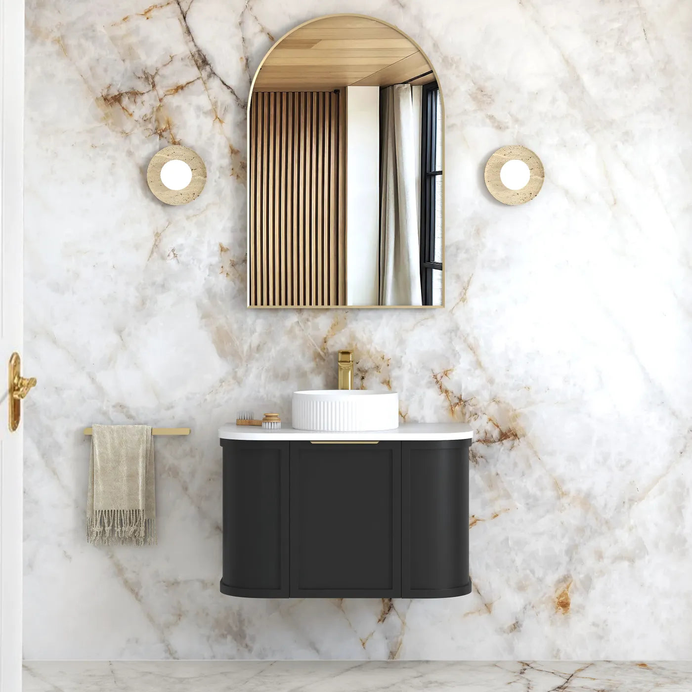 750mm Satin Black Wall Hung Curve Vanity, Soft Close Doors and Drawers with optional colour Handles 