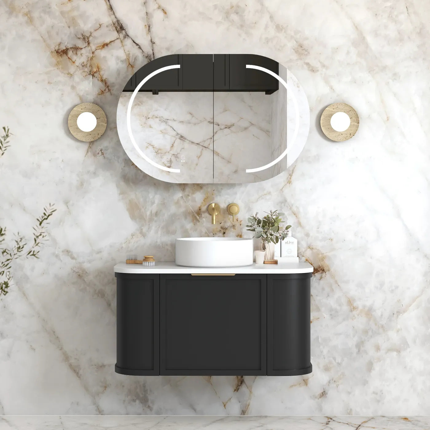 900mm Satin Black Wall Hung Curve Vanity, Soft Close Doors and Drawers with optional colour Handles 