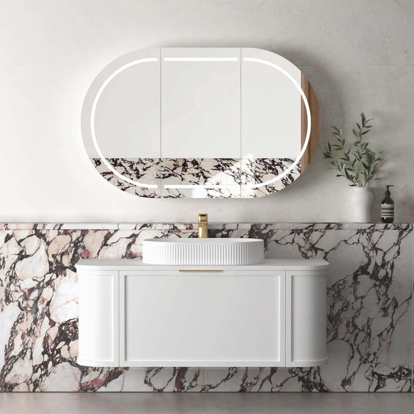 1200mm Satin White Wall Hung Curve Vanity, Soft Close Doors and Drawers with optional colour Handles 