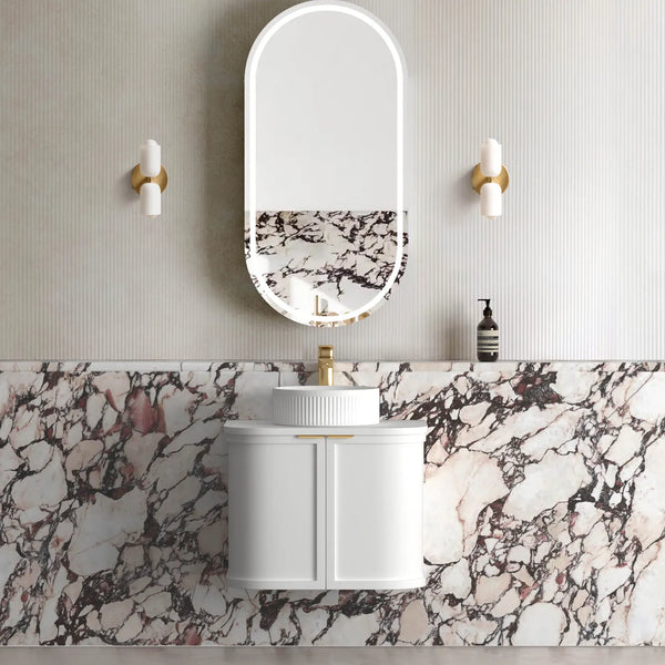 600mm Satin White Wall Hung Curve Vanity, Soft Close Doors and Drawers with optional colour Handles 