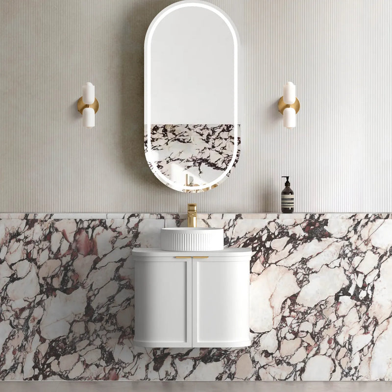 600mm Satin White Wall Hung Curve Vanity, Soft Close Doors and Drawers with optional colour Handles 