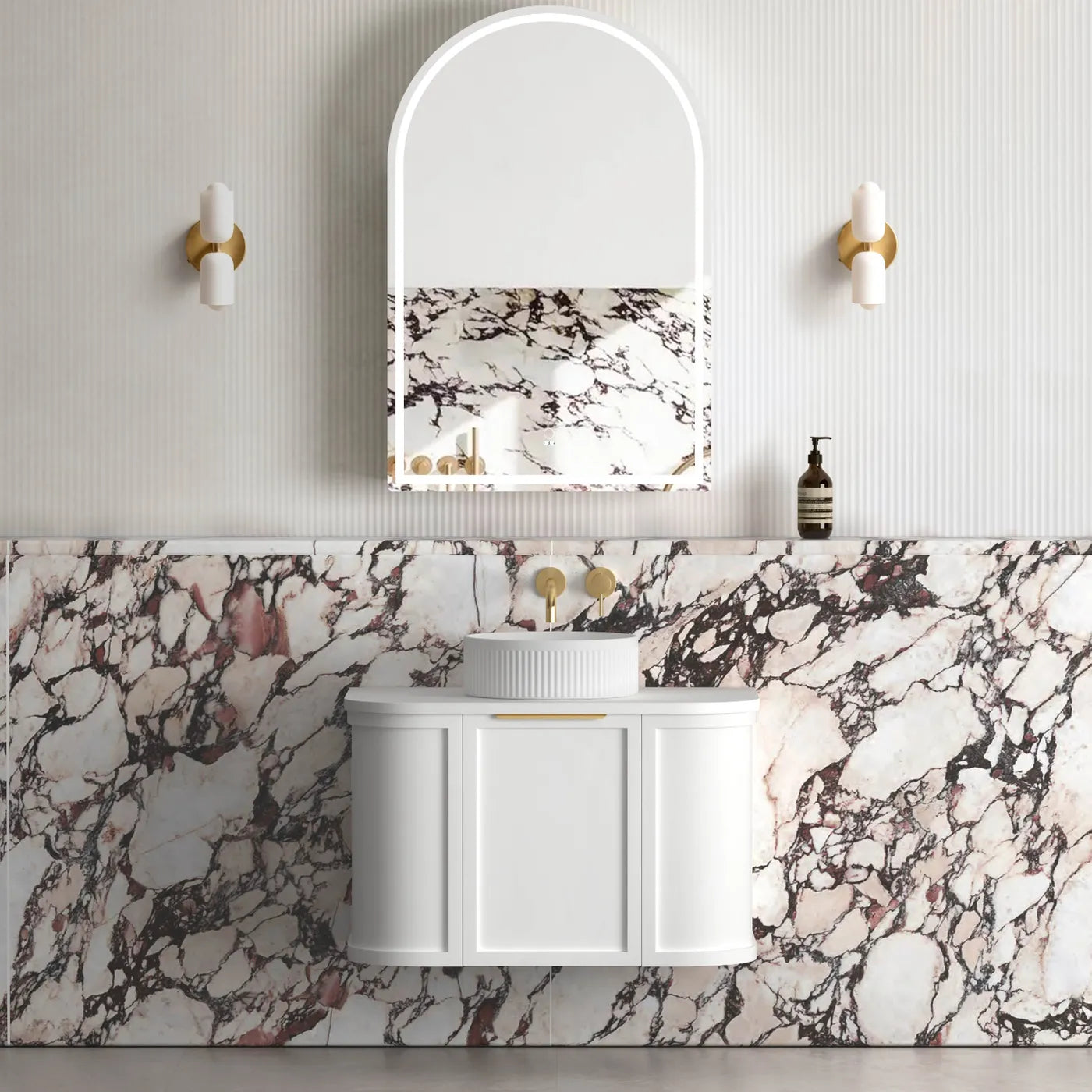 600mm Satin White Wall Hung Curve Vanity, Soft Close Doors and Drawers with optional colour Handles 
