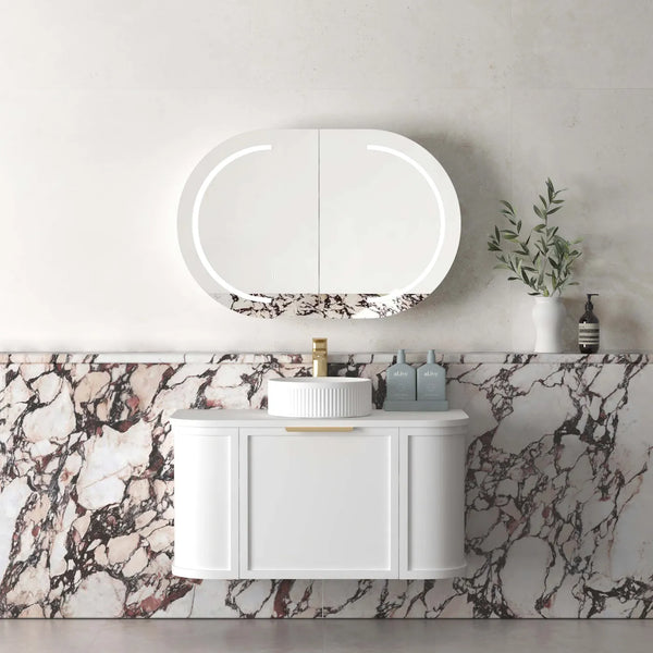 900mm Satin White Wall Hung Curve Vanity, Soft Close Doors and Drawers with optional colour Handles 