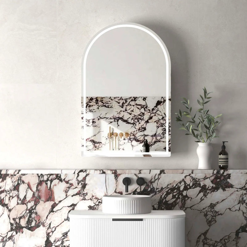 LED arch 600mm matte white mirror shaving cabinet 