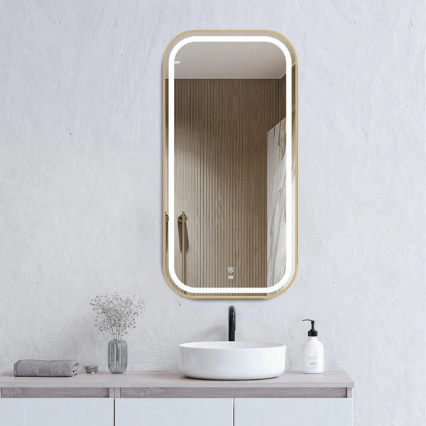 anti fog touch sensor LED brushed brass framed bathroom mirror 