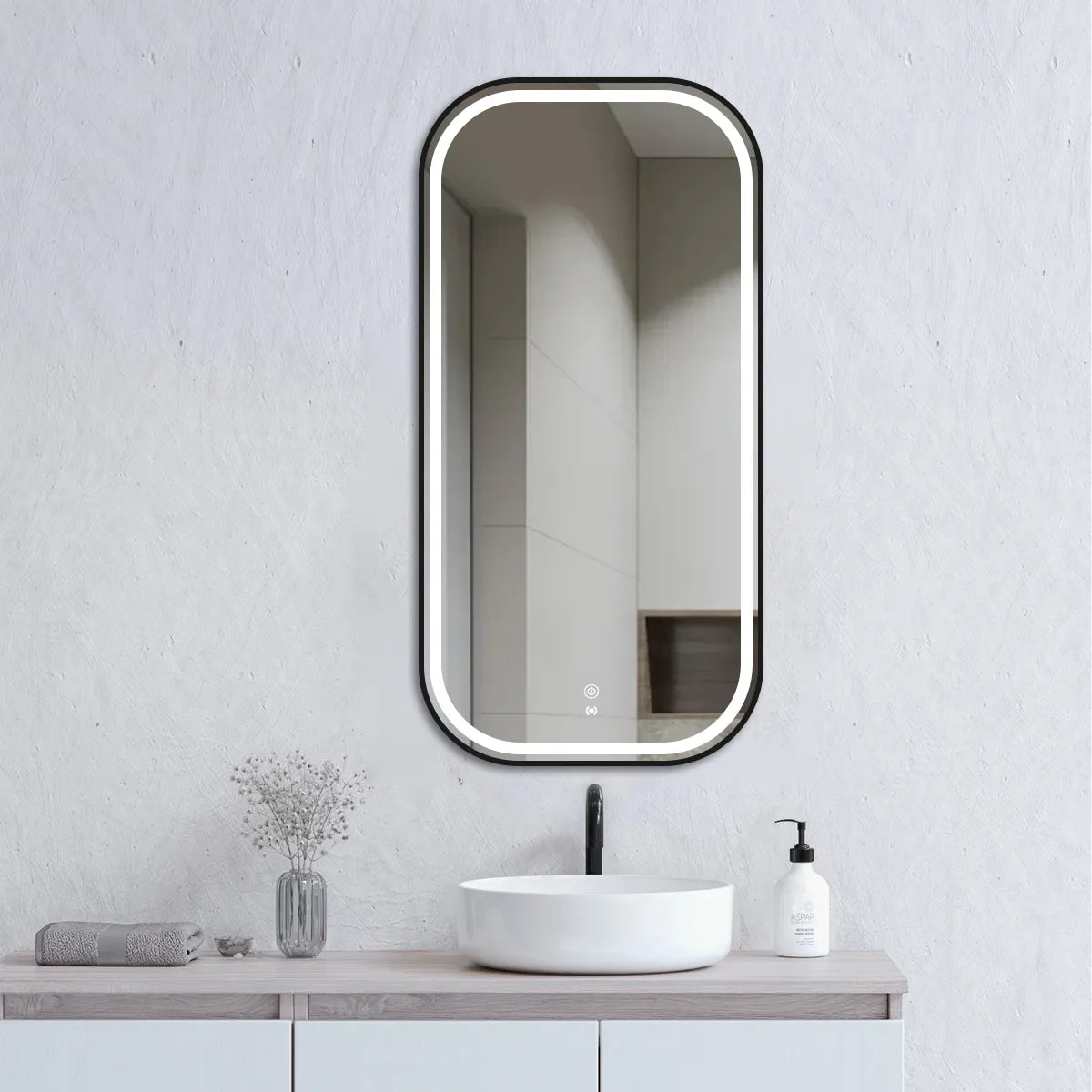framed LED anti fog bathroom mirror matte black