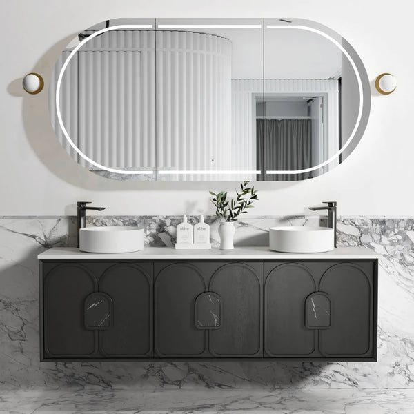 Black American Oak Wall Hung Vanity 1800mm with Soft Closing drawers  and Matching Handles