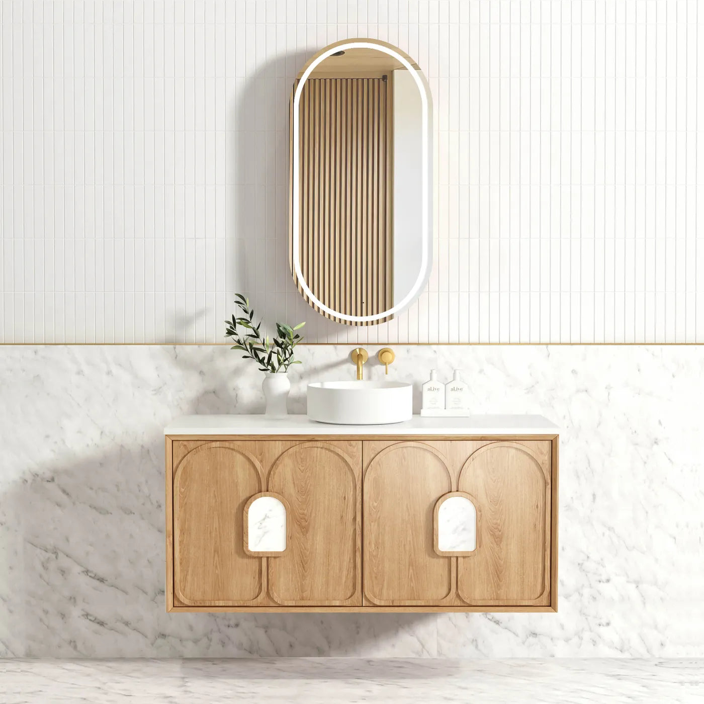 1200mm woodland Oak Wall Hung Vanity with Soft Close Drawers and Matching handles 