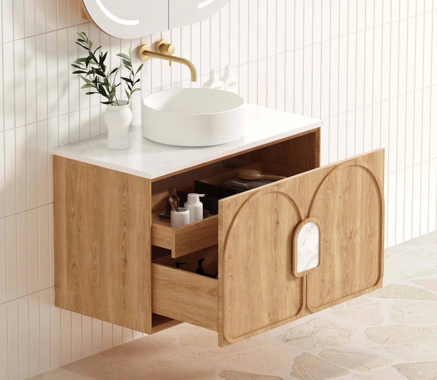 Woodland  Oak Wall Hung Vanity 900mm with Double Soft Closing drawers  and Matching Handle