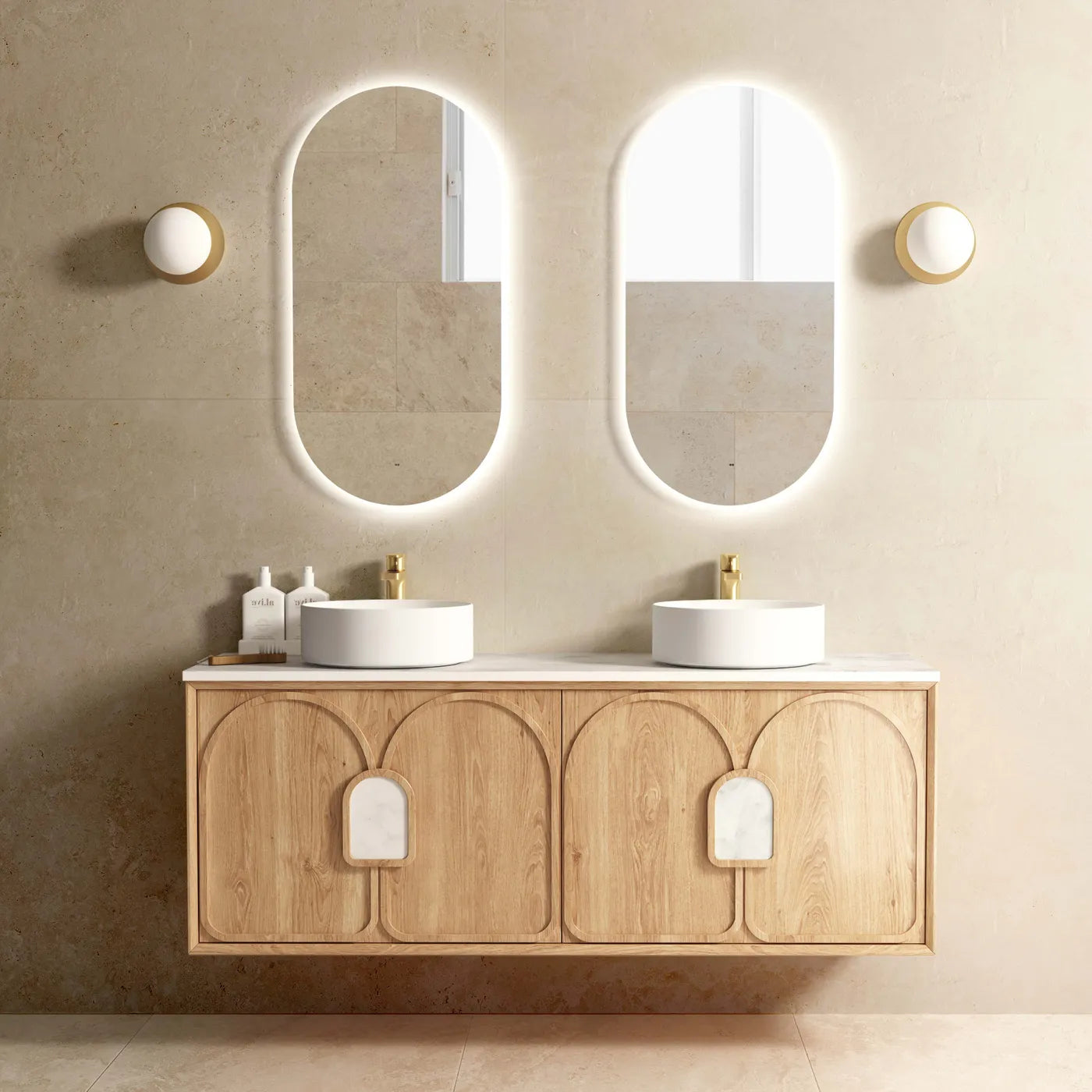 1500mm Natural American Oak Wall Hung Vanity with soft Close Doors and Matching Handles