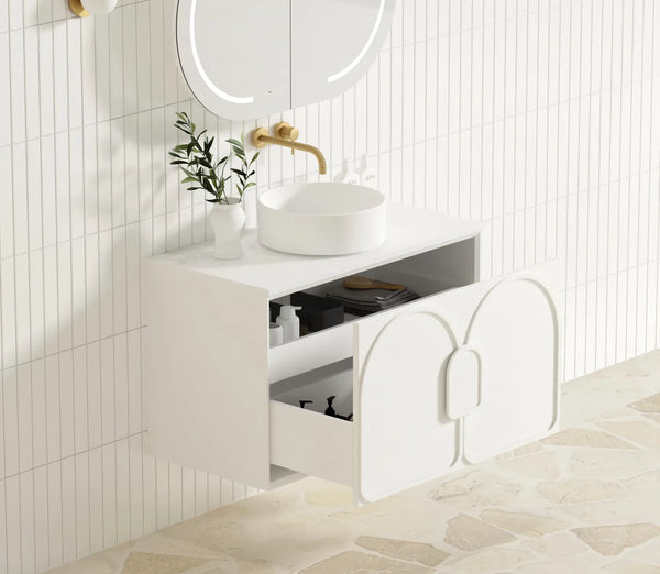 Satin White Wall Hung Vanity 900mm with Double  Draw  and Matching Handle