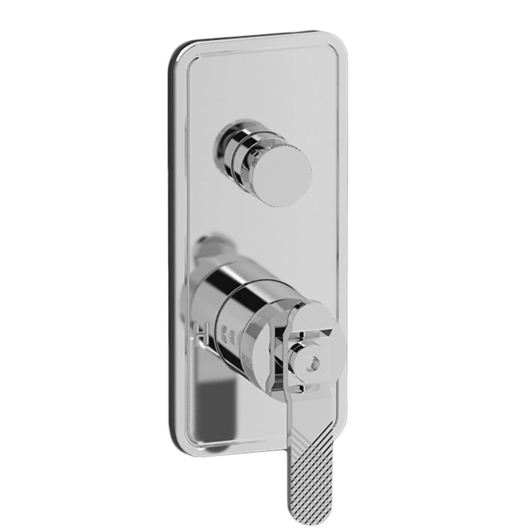 A silver Paco Jaanson Bold Lever shower mixer with a knurled grip on the lever, mounted on a wall plate.